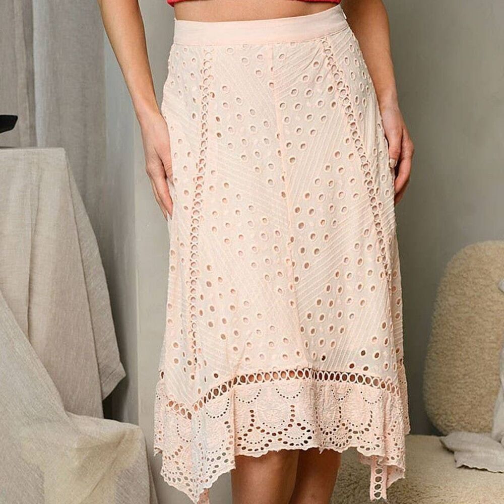 NWT INA Blush Eyelet Long Flowing‎ Cotton Lace MIDI Skirt Medium Cutout Peasant